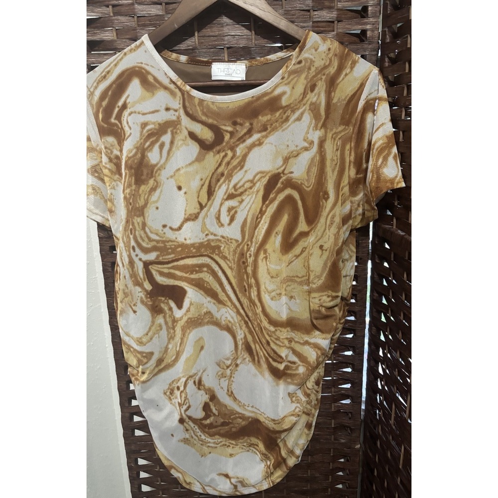 Thread Times Top‎ Swirl Print Mesh Ruched Short Sleeve